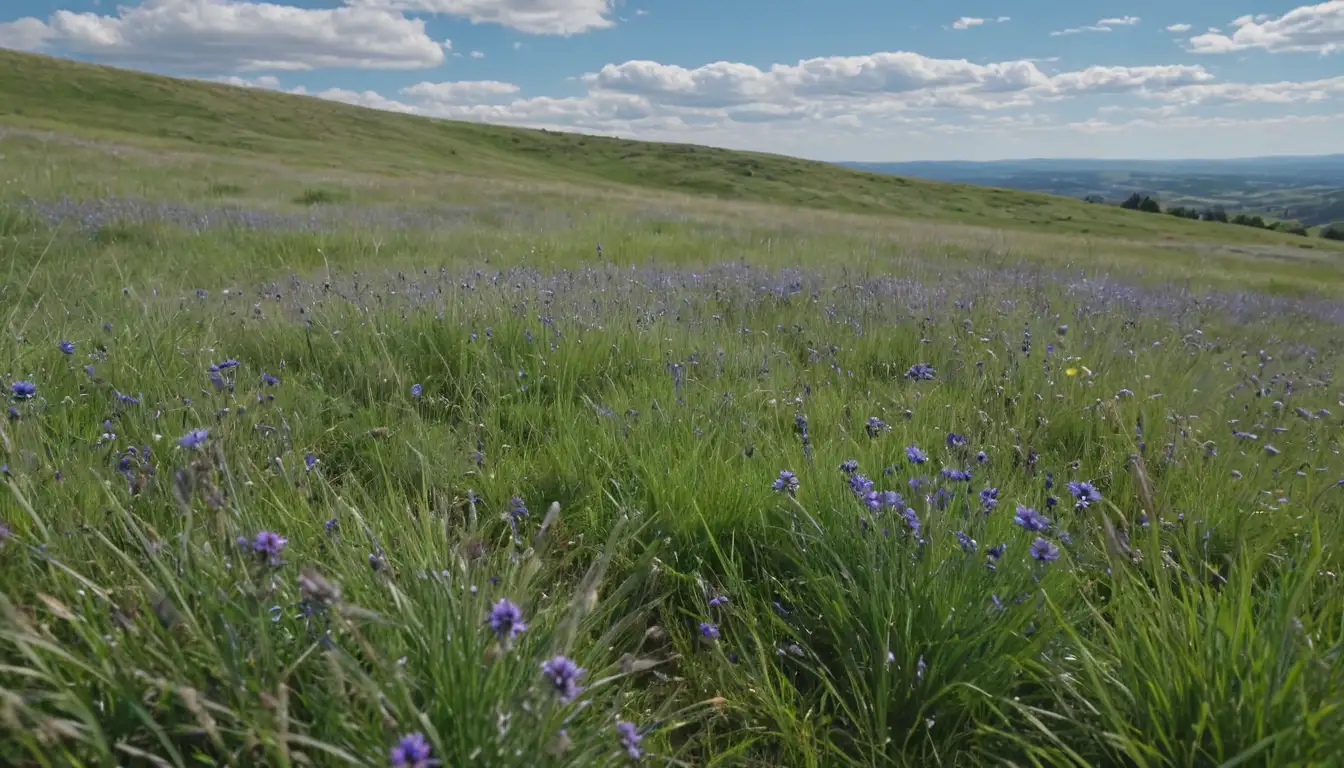 Blue Fescue meadow scene with lush green grass, purple-blue flowers, and scattered seedheads, set against a sunny sky with few clouds, with some rocks or small shrubs in the foreground, natural environment with gentle slope and rolling hills