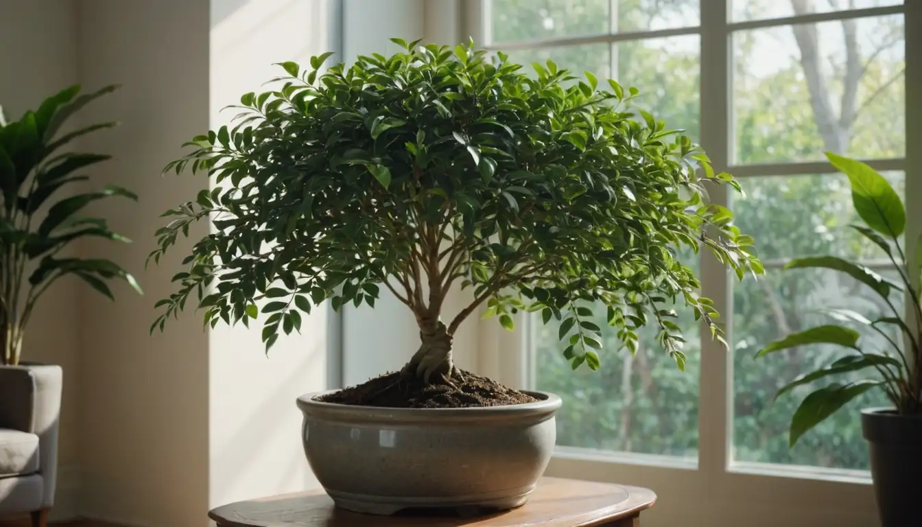 A serene indoor space with a small Ficus benjamina tree centerstage, its slender branches stretching upwards and outwards from a decorative pot or planter, surrounded by lush greenery, soft natural light pouring in through windows, subtle shadows, calming atmosphere