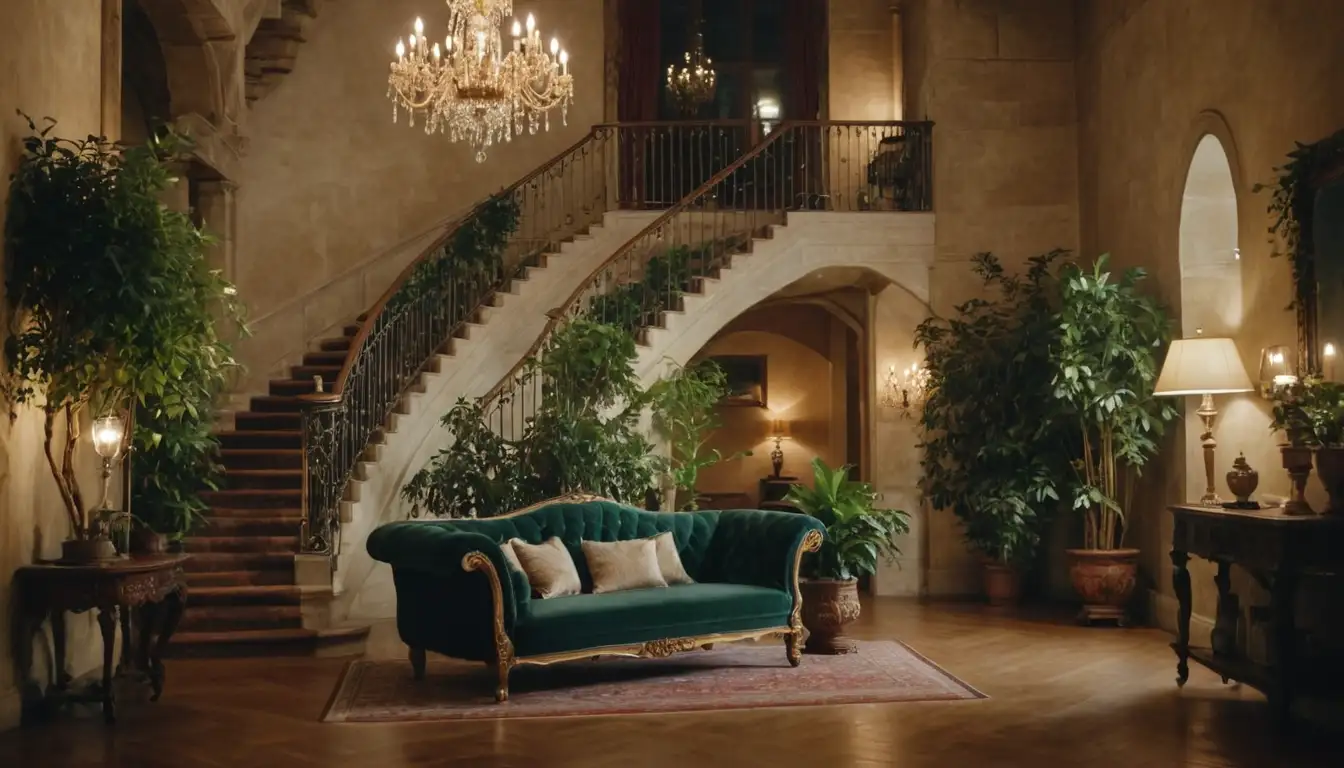 elegant interior, warm lighting, beautiful woman, greenery, ornate frame, natural stone walls, velvet couch, crystal chandelier, floor lamp, staircase, banister, delicate Ficus benjamina branches, leafy foliage, wooden furniture, cozy atmosphere
