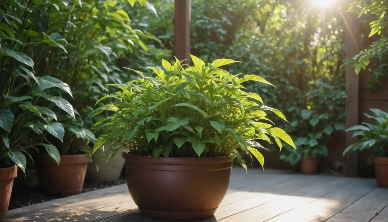 Brightly lit, sunny spot, direct sunlight, rotating pot, leafy branches, greenery, foliage, plant stems, healthy leaves, lush growth, vibrant colors, warm ambiance