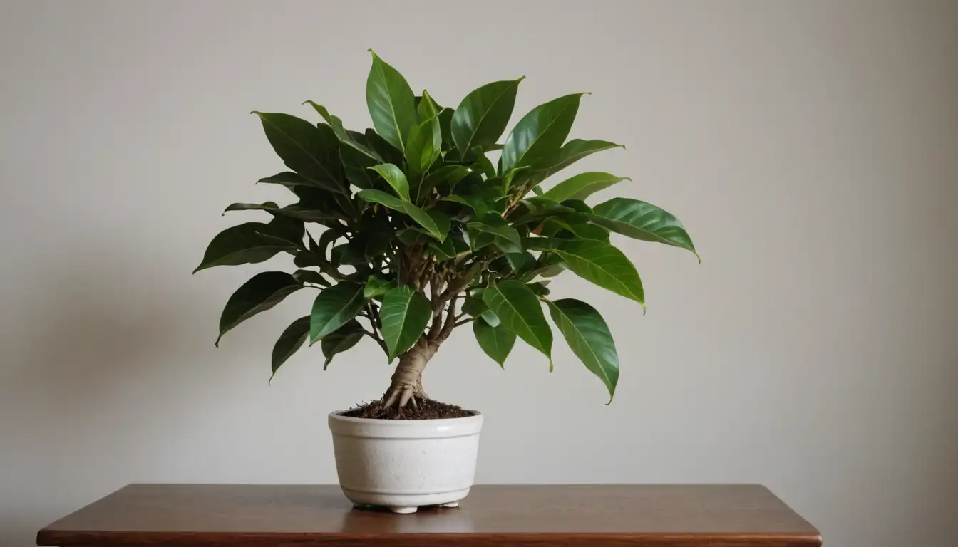 A healthy, thriving Ficus elastica plant with curly vines and bright green leaves, standing upright on a sturdy table or floor, with a few small decorative objects nearby, in front of a plain background