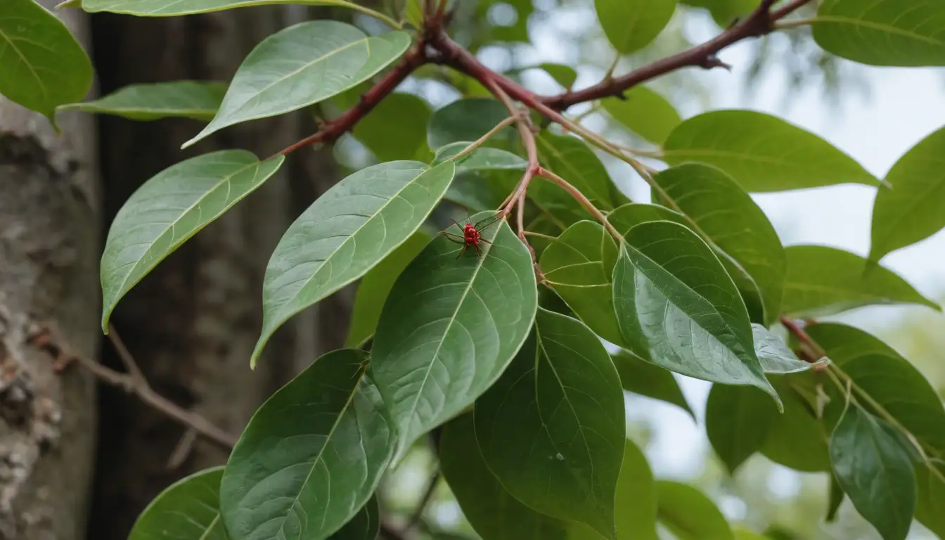 a ficus tree with vibrant green leaves, a bright red spider crawling up the stem, a tiny mealybug on a leaf, and a small whitefly hovering nearby
