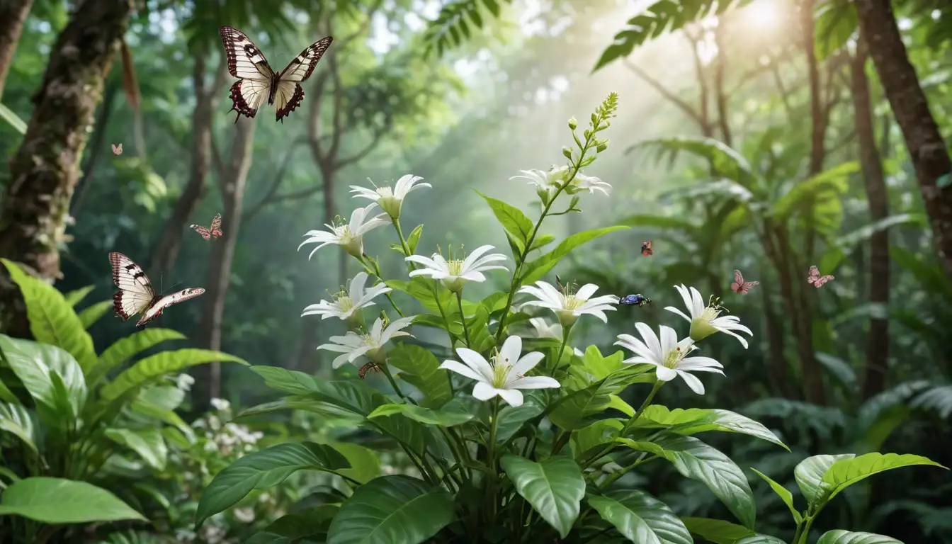 3D illustration of a flowering Quisqualis plant with vibrant green leaves and delicate white flowers against a blurred tropical forest background, featuring a few butterflies and bees flying around the plant, with a soft focus highlighting the plants unique shape and beauty