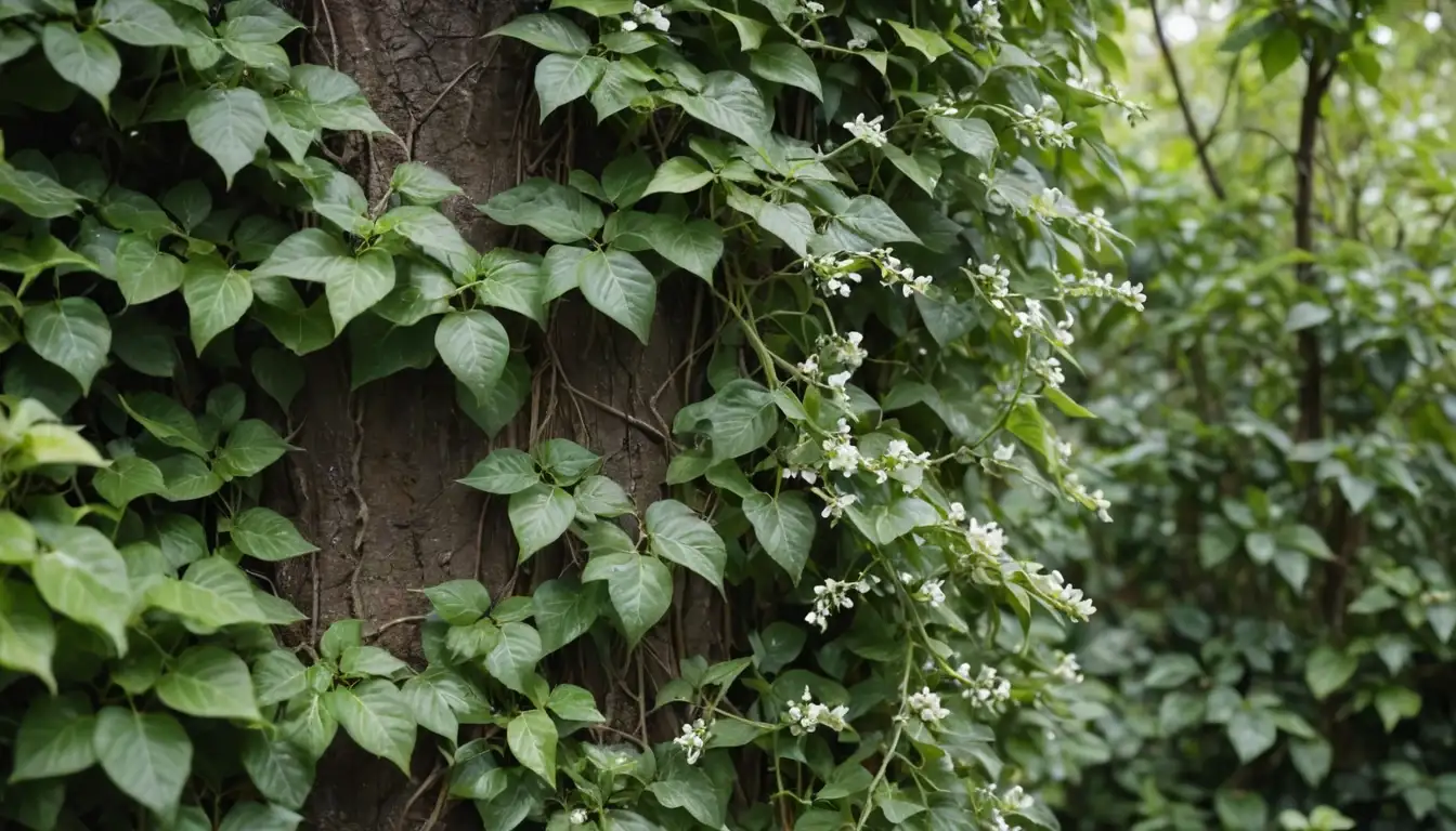 A climbing vine with green stem and tendrils, thick leaves with pointed tips, small white flowers with yellow center, growing on a tree trunk or trellis, surrounded by lush foliage