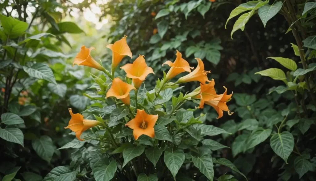 A vibrant green plant with trumpet-shaped flowers in shades of orange and yellow