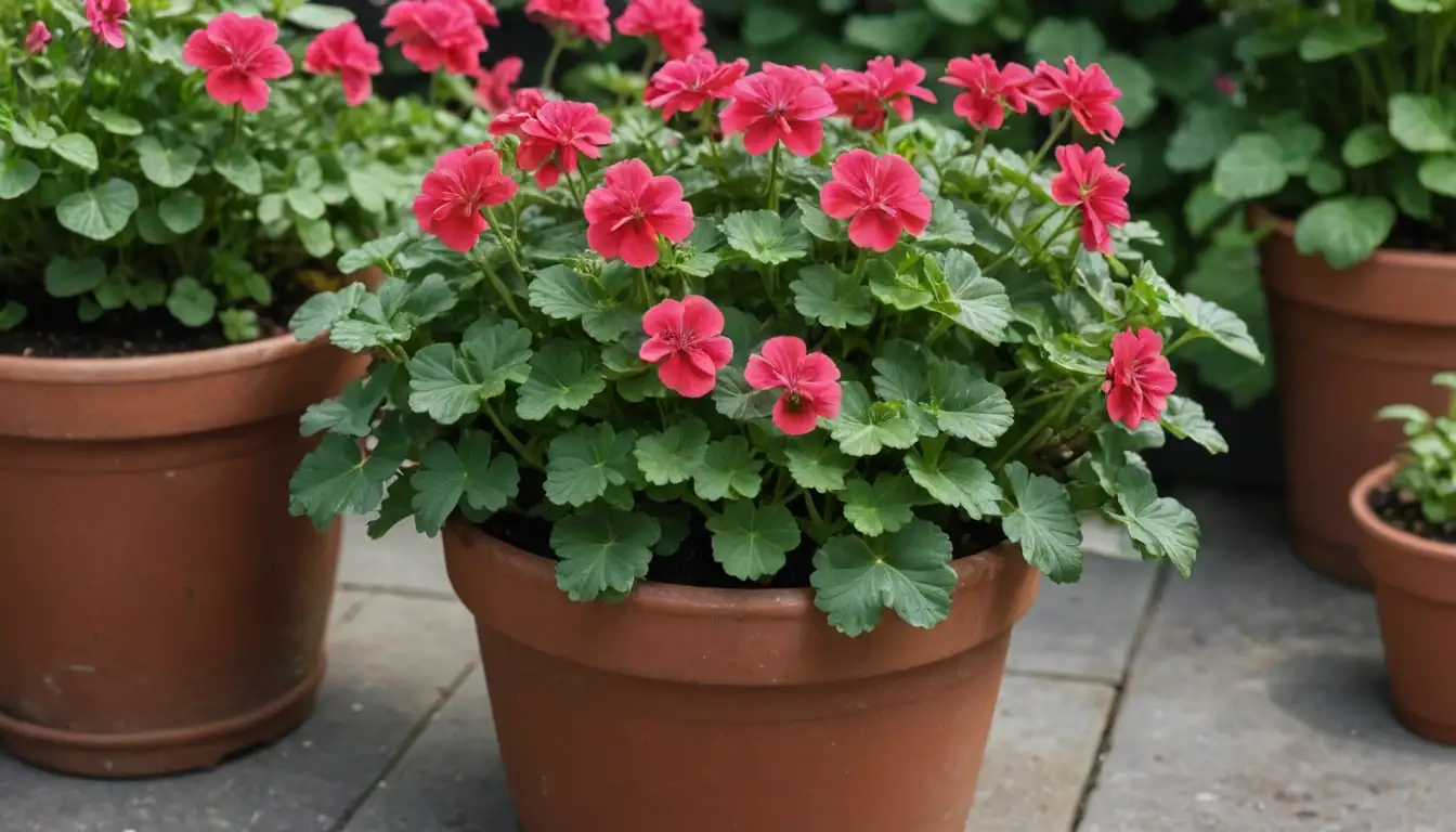 Vibrant geraniums blooming amidst lush greenery, surrounded by potted plants, soil, and liquid fertilizer containers, with a few sprigs of fresh herbs or flowers scattered about