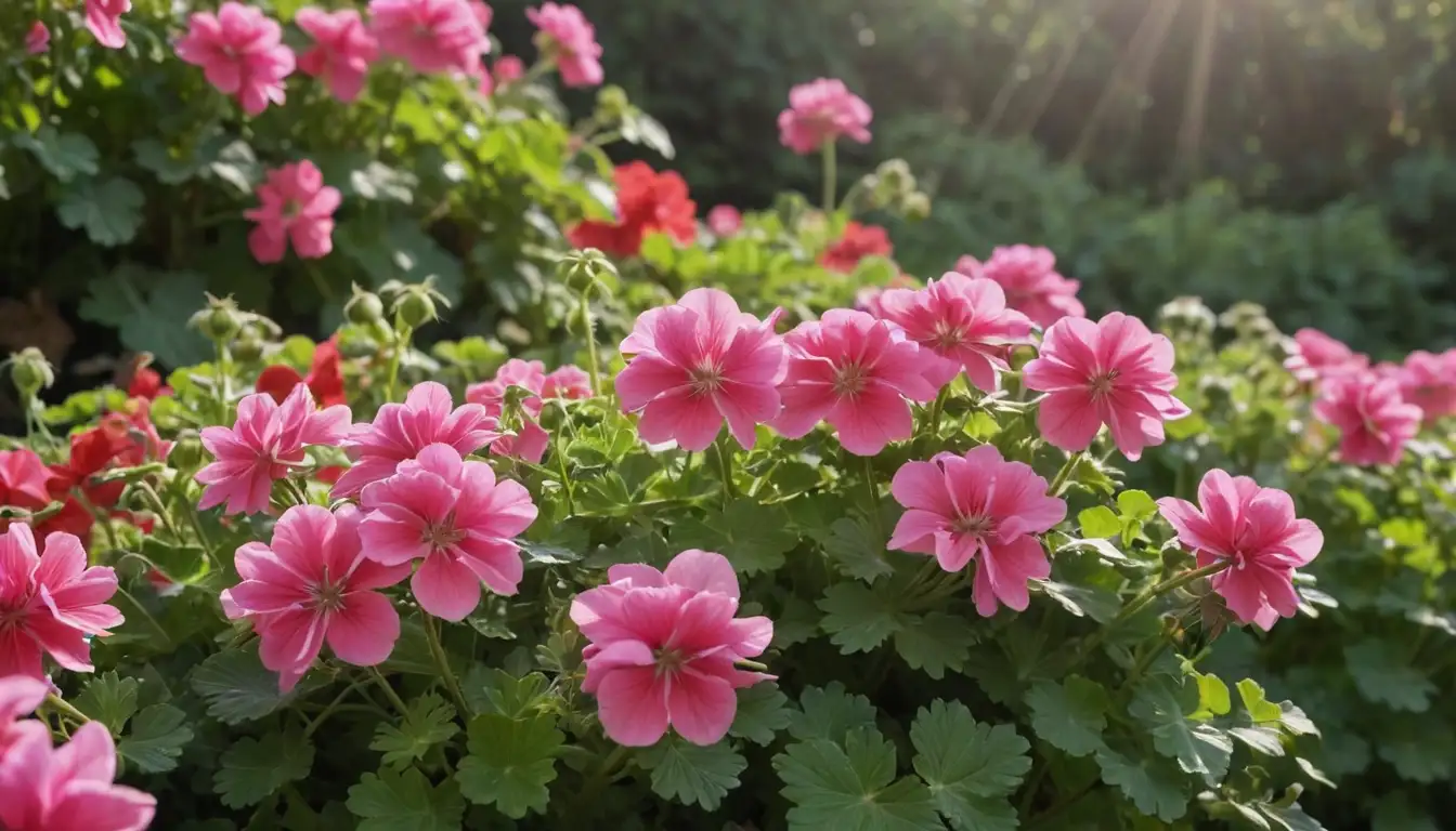 geranium plants in various stages of blooming, sunlight filtering through clouds or shining down, bright flowers with vibrant colors, delicate petals and sepals, a sunny garden setting with lush foliage