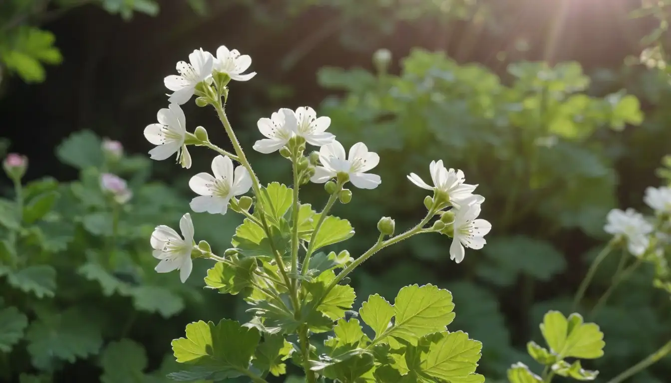Buds forming on stem tips, green leaves unfurling, delicate white flowers blooming, geranium plants growing robustly, long stems reaching towards sunlight, gentle rustle of foliage, vibrant colors contrasting against a bright background, soft focus emphasizing textures, subtle shadows highlighting plant details