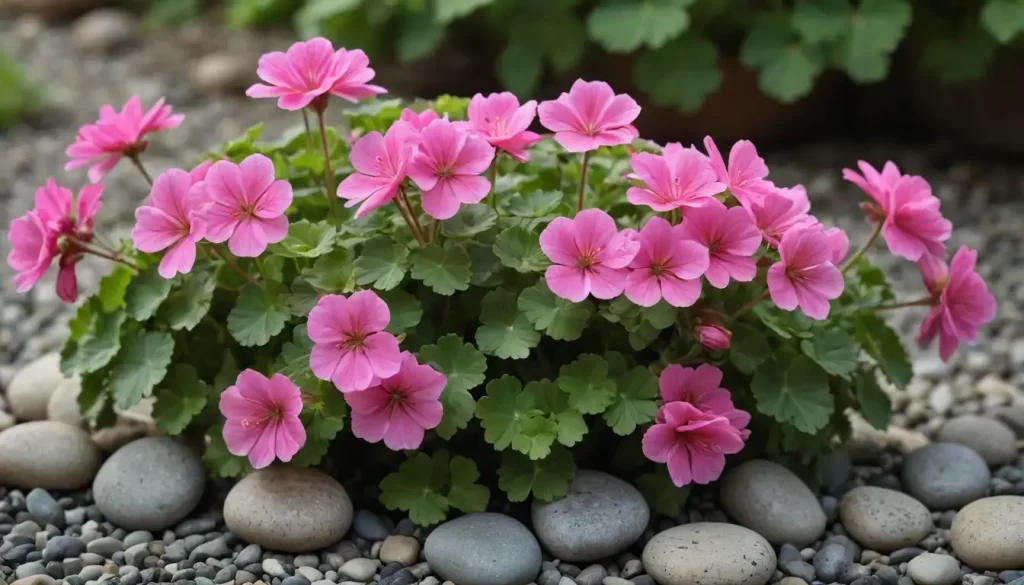 Delicate geraniums with bright pink flowers