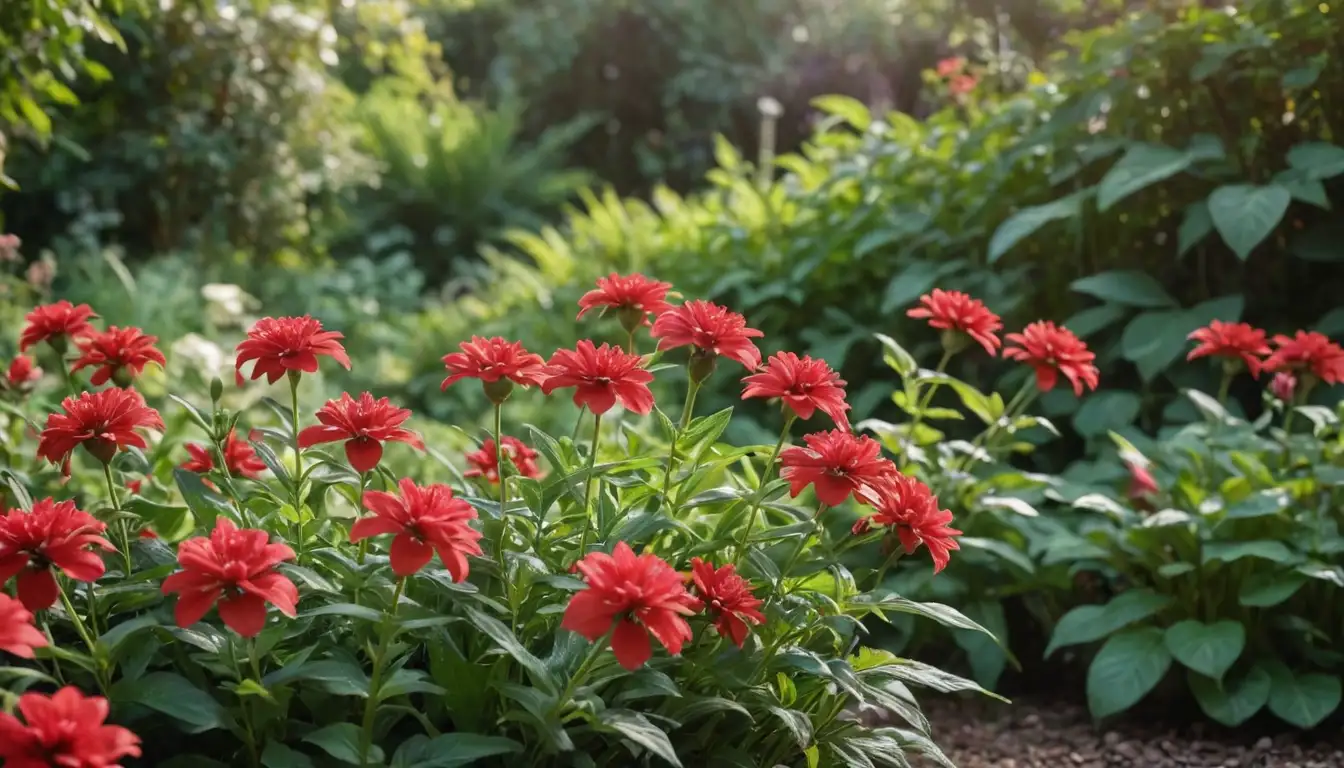 Vibrant red flowers, lush green leaves, delicate stems, garden soil, gentle sunlight, subtle shading, warm background color