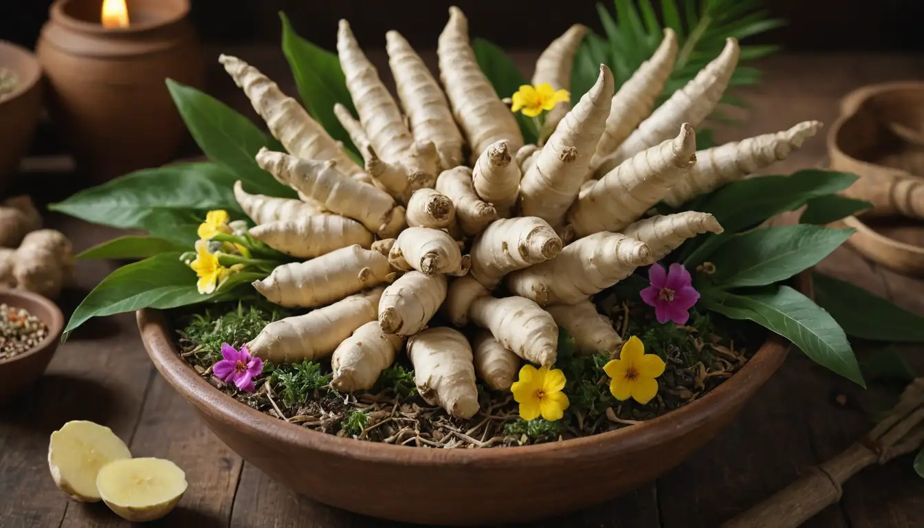 White ginger roots with edible flowers in a rustic bowl, surrounded by natural elements like leaves and twigs, warm lighting, earthy tone colors, fresh herbs and spices, possibly a kitchen or table setting background