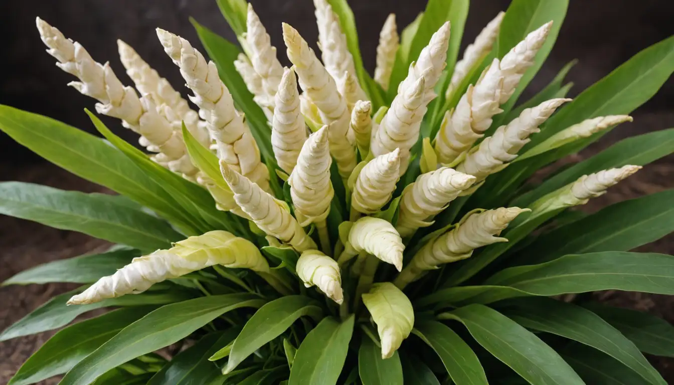 Crunchy white ginger root, bright yellow-green leaves, delicate stems, fresh herb bouquet, vibrant colors