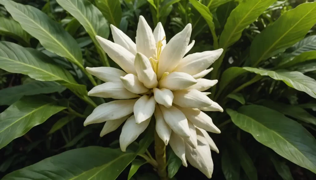 A vibrant white ginger root surrounded by lush green leaves