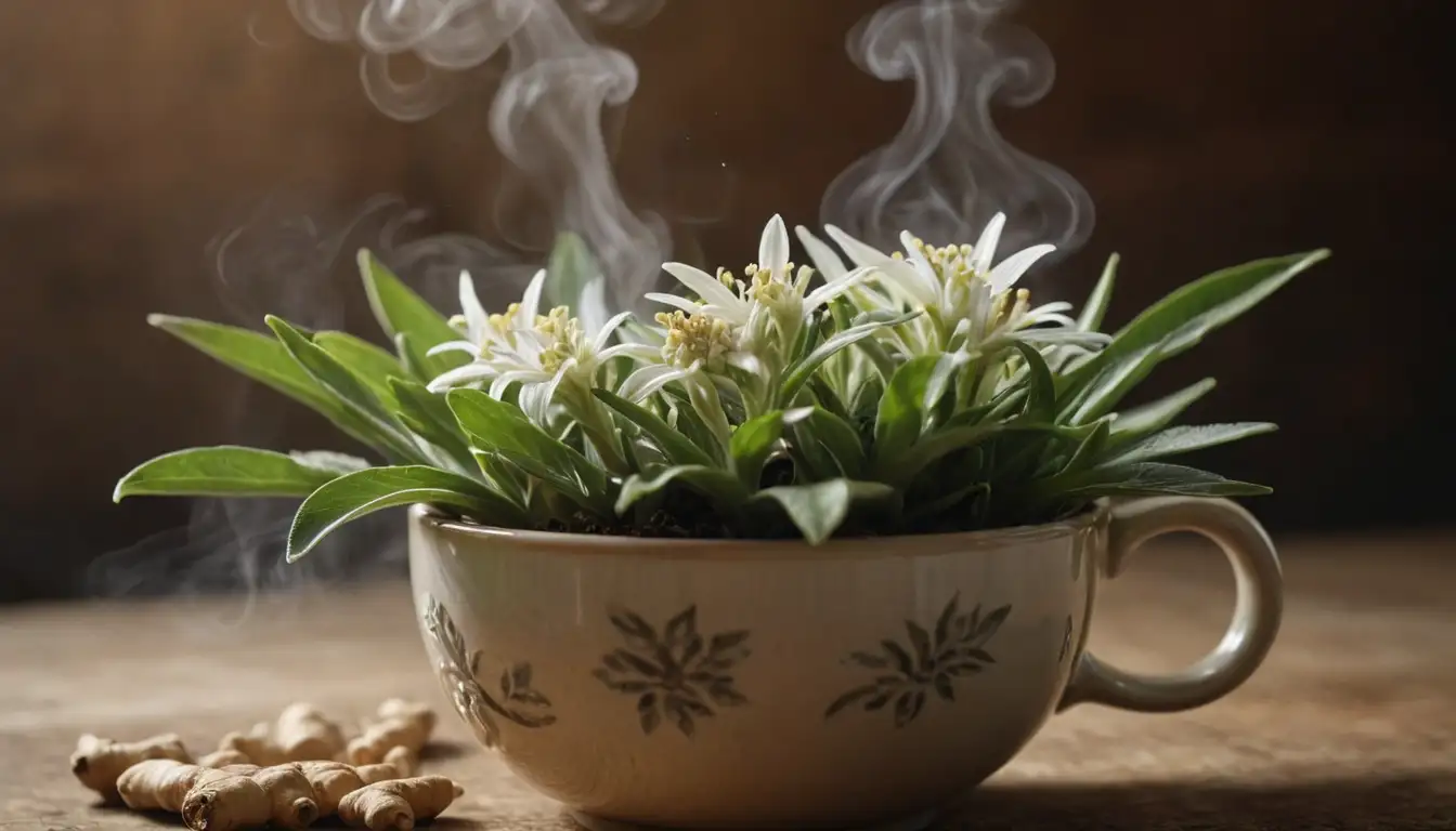 3D cup, steaming hot, aromatic steam, fresh ginger roots, leaves of edelweiss, soft focus, natural setting, earthy tones, gentle lighting