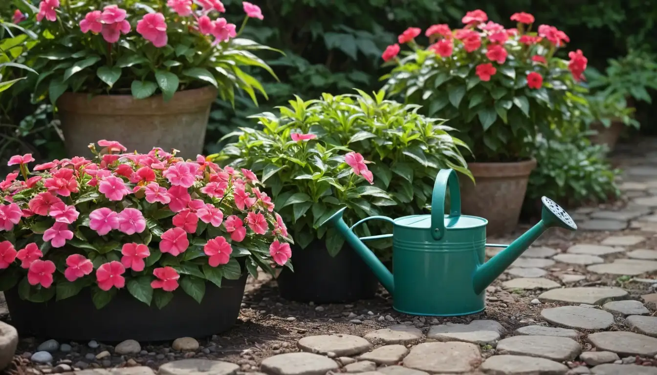 Colorful Impatiens plants with vibrant flowers, lush green leaves, and soil moisture levels, a garden hose or watering can in the background, a sunny or shaded area with natural light, a few decorative stones or pebbles nearby