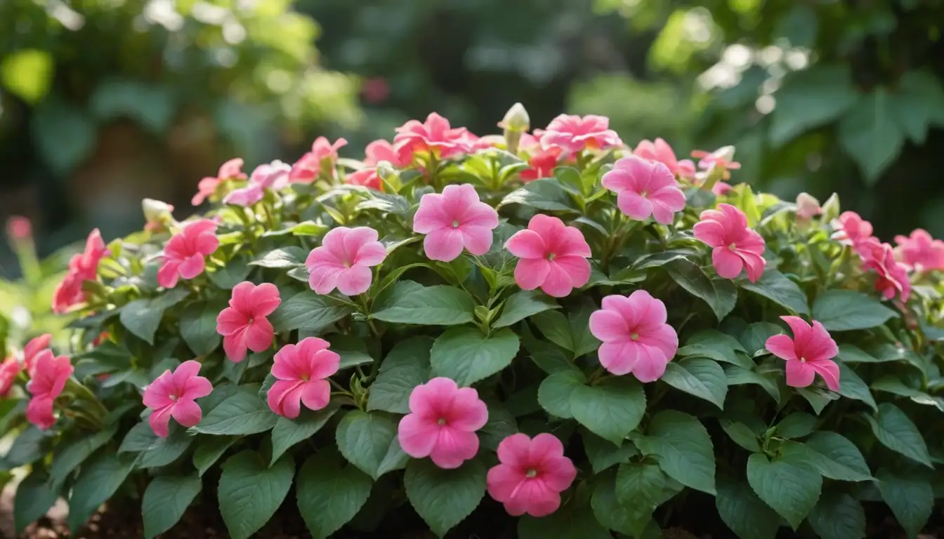 colorful impatiens plants, blooming flowers, bright sunlight, gentle shadows, lush green leaves, soft focus, blurred background, warm and inviting atmosphere, playful garden accents