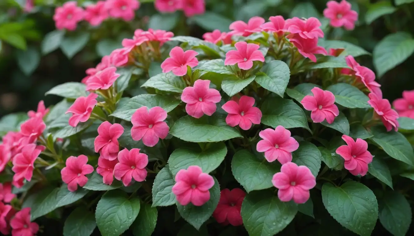 Vibrant Impatiens flowers in various colors, soft sunlight filtering through leaves, natural setting such as garden or forest, lush greenery surrounding, delicate petals unfolding, tiny details like dew drops and leaf veins