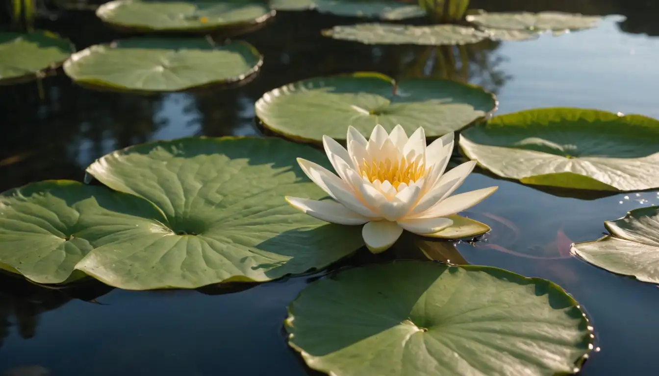A soft, fluffy lily pad with vibrant greenery, delicate petals unfolding, and a warm, golden light softly illuminating the scene