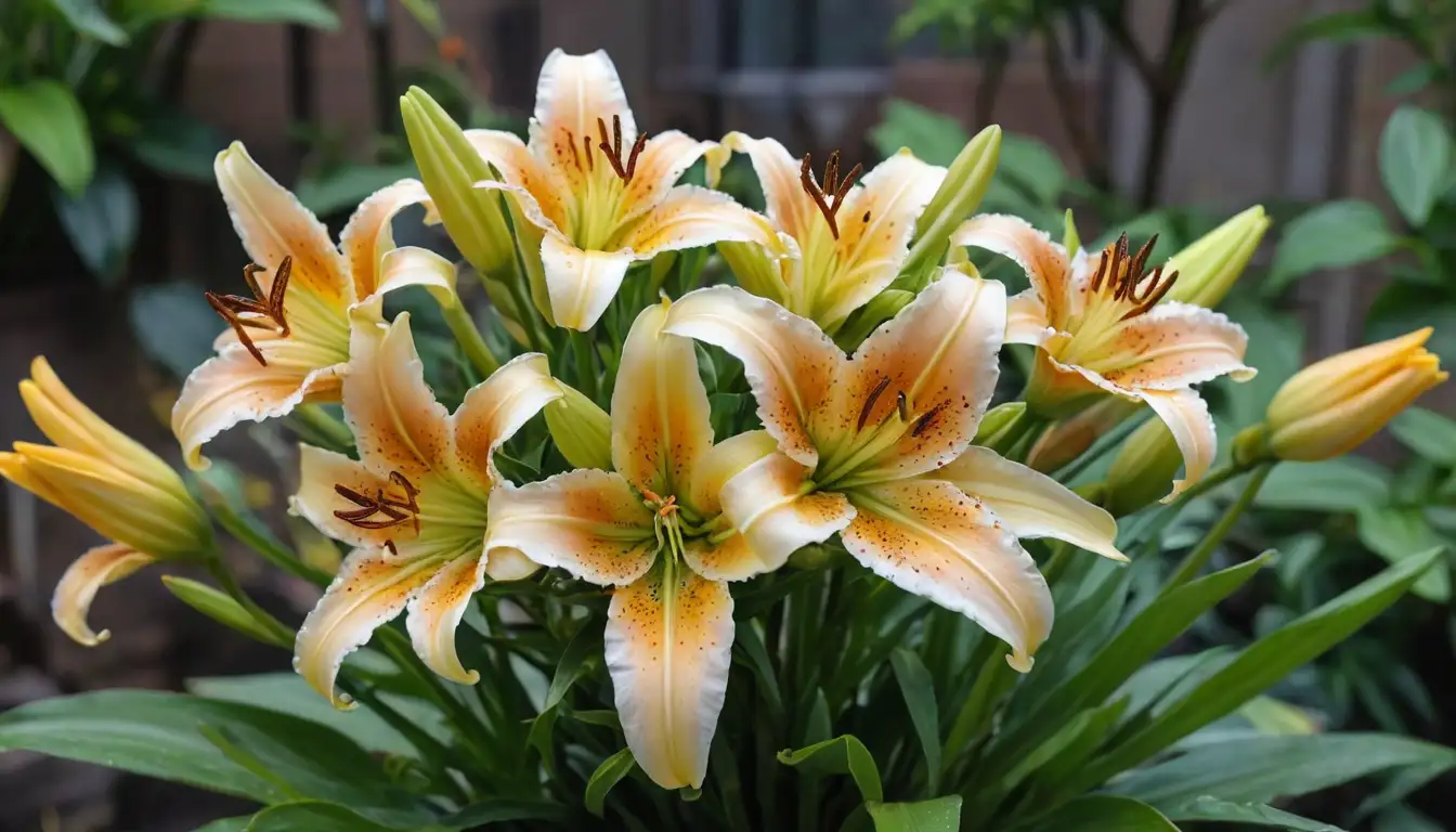 A bright lily bouquet with vibrant petals, surrounded by green leaves, a few aphids and whiteflies on the stems, with some dark spots indicating fungal infections or black spots from spider mites, with a blurred background to represent a garden or greenhouse setting, flowers in various stages of growth