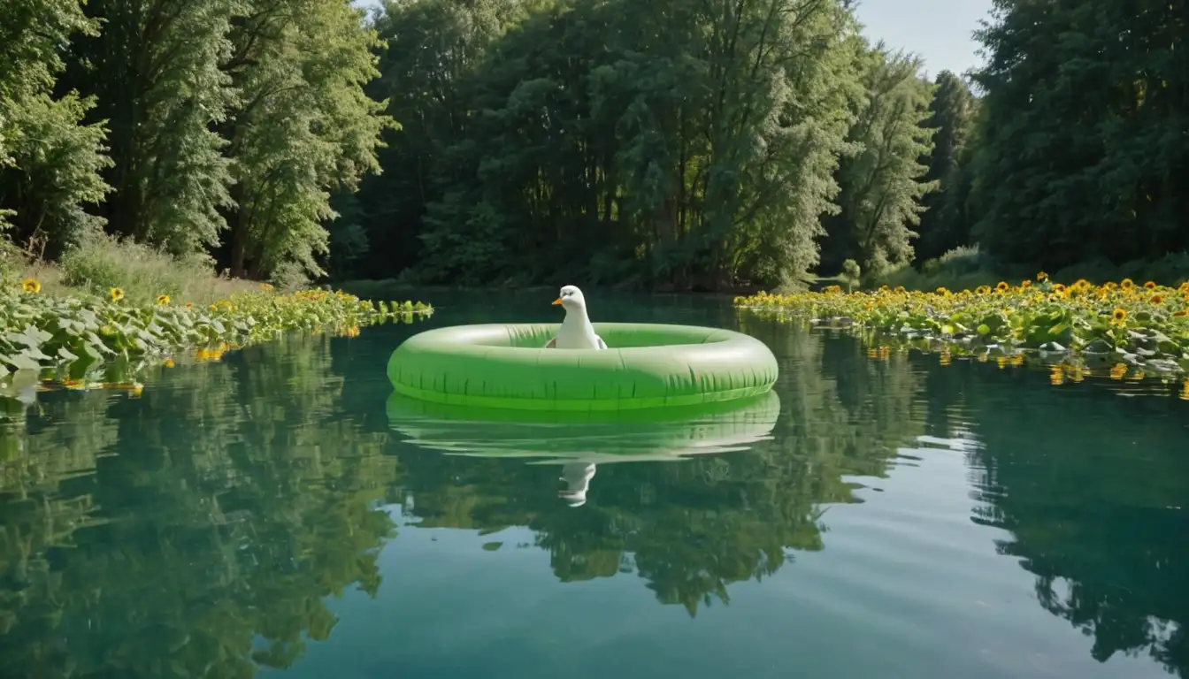 A serene pool with a bright green inflatable floating on calm water, surrounded by lush trees and sunflowers, with gentle ripples reflecting the warm sunlight, and a few seagulls soaring overhead