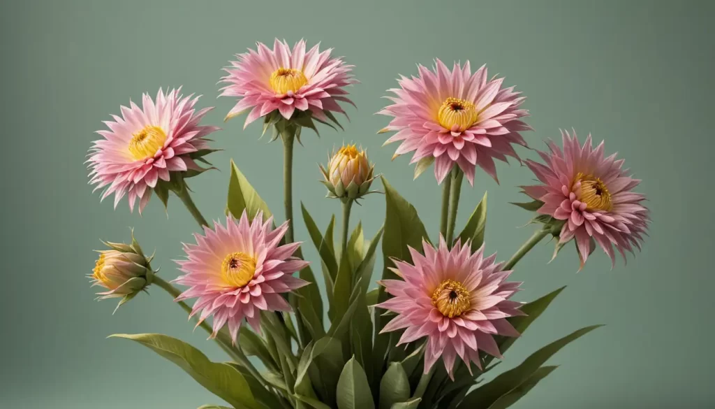 3D illustration of a bouquet of pink and yellow flowers with spiky stems