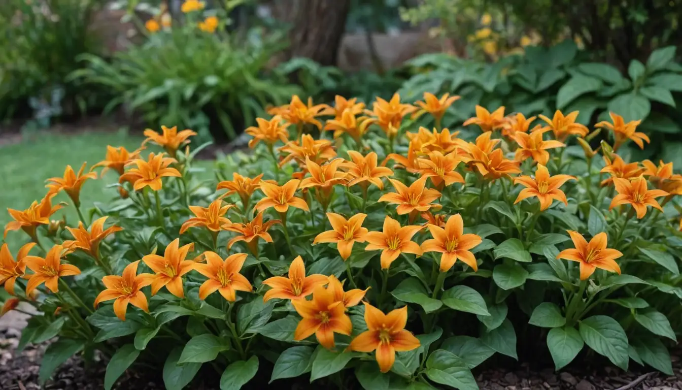 3-4 star-shaped flowers, deep orange-yellow color, slightly curved and overlapping stems, green leaves with wavy margins, garden setting