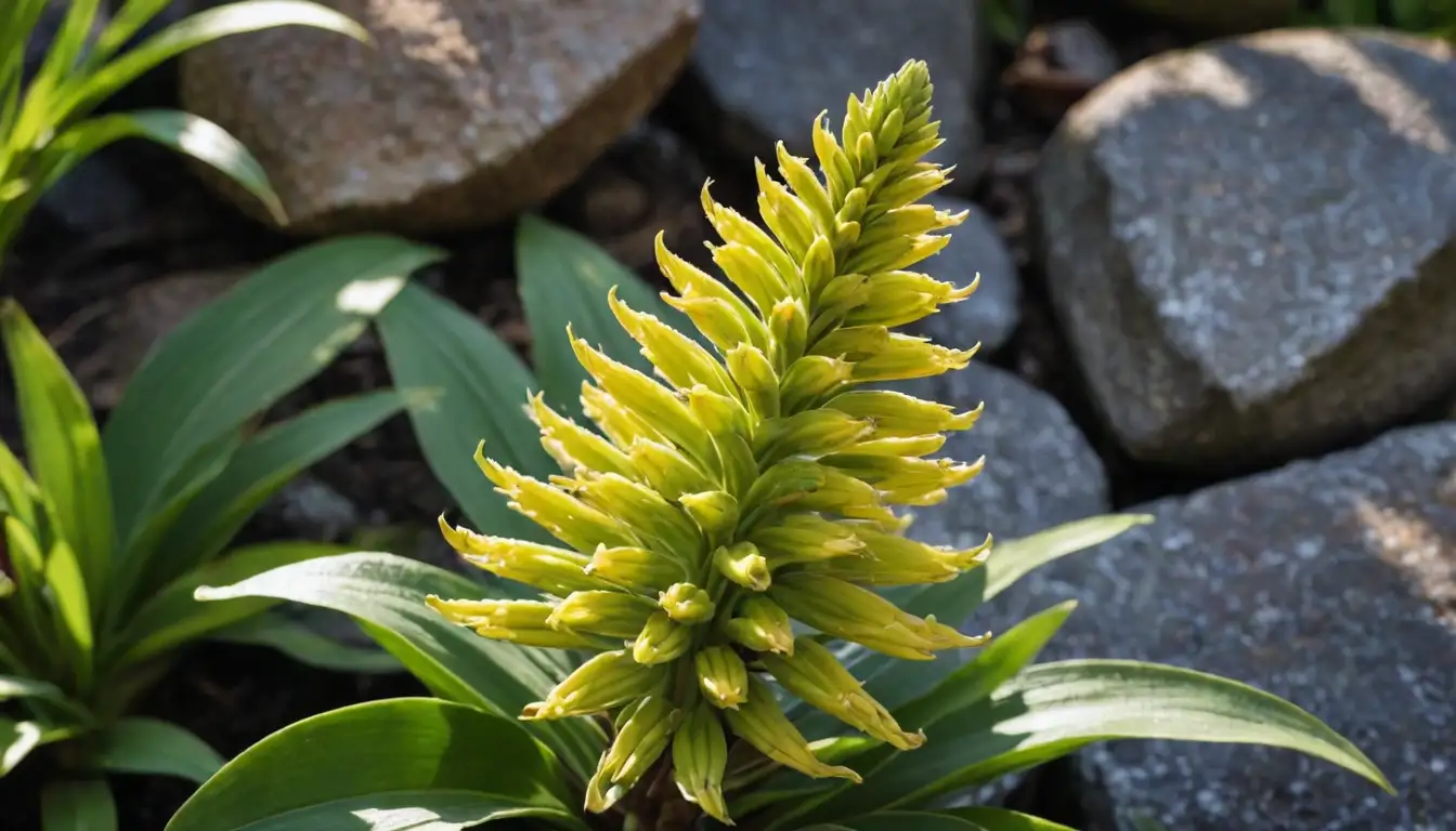A close-up view, of a Eucomis autumnalis flower with a bright yellow color, surrounded by lush green leaves, possibly in a natural setting, perhaps on a stone or rocky outcrop, against a warm sunlight background with shadows and textures