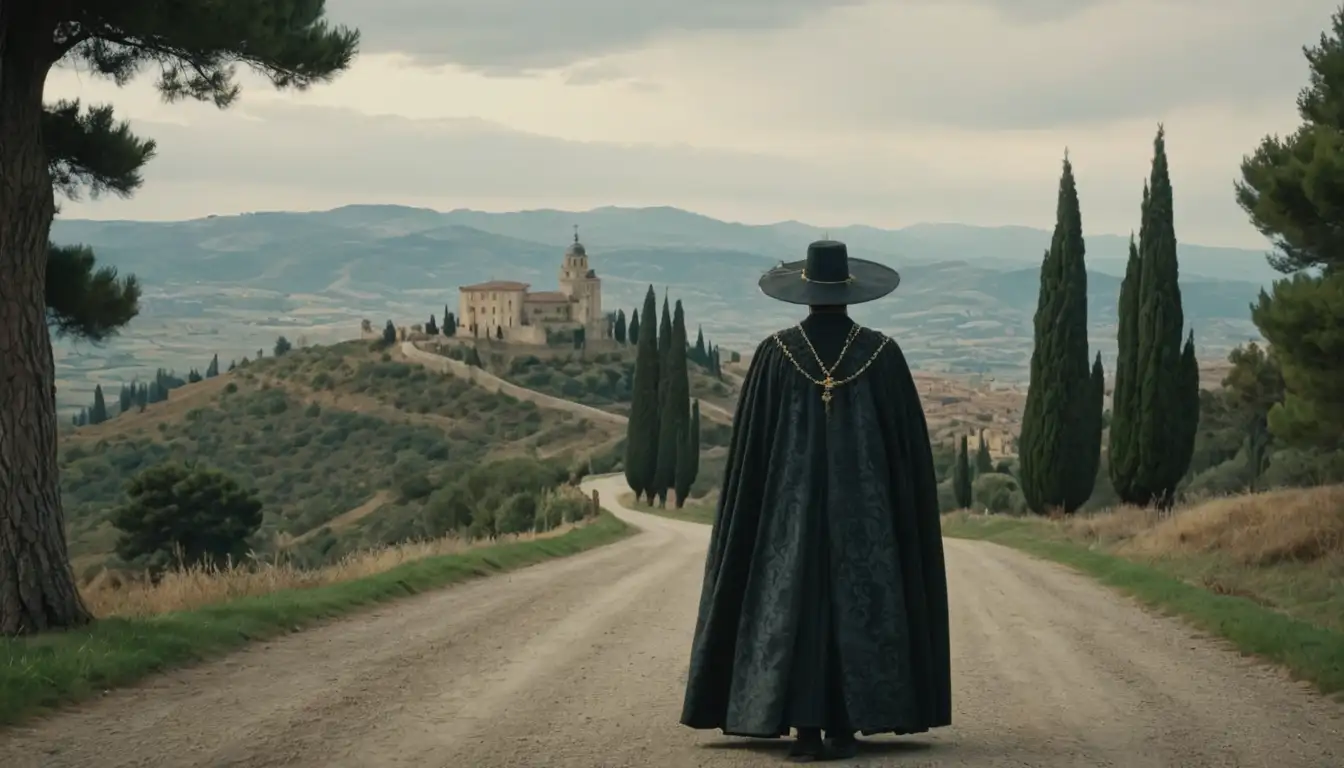 17th century Spanish landscape, rolling hills, cypress trees, a winding road, a distant castle, a lone figure in the distance, a ornate ceremonial hat, a cloak with intricate brocade, a rosary around the neck, a somber mood