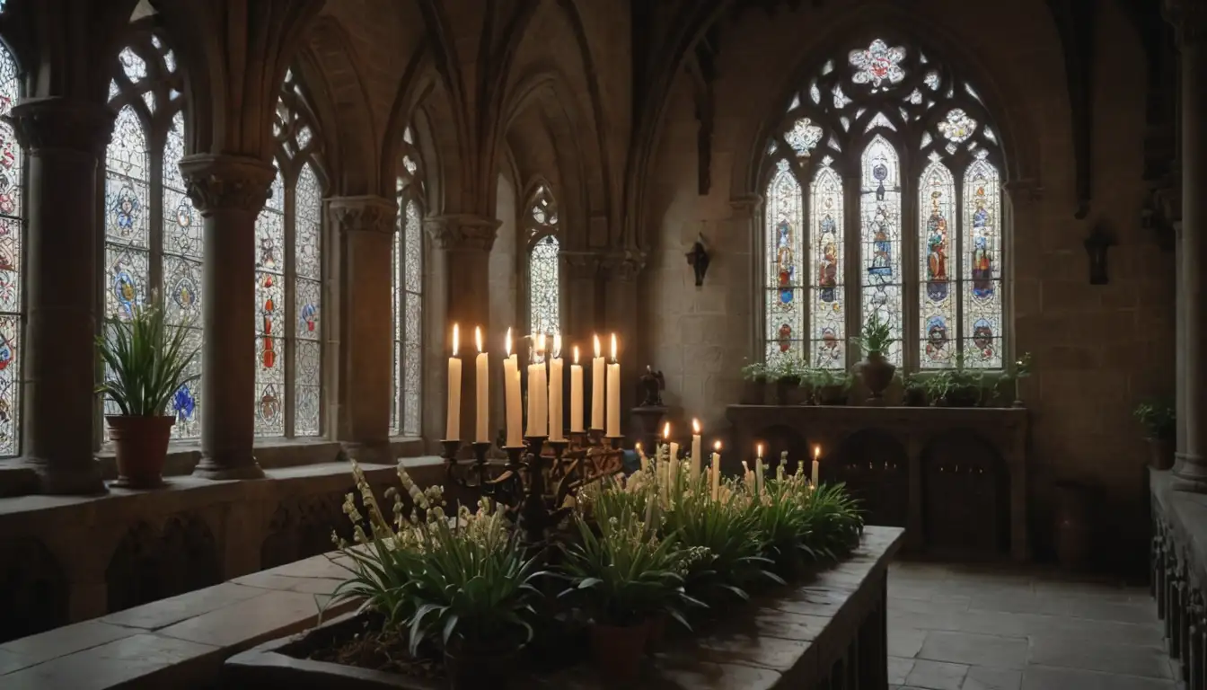 14th-century monastery architecture, candles lit, Gothic arches, intricate stone carvings, potted Muscari plants with delicate white flowers, subtle sunlight filtering through stained glass windows, monks in simple robes