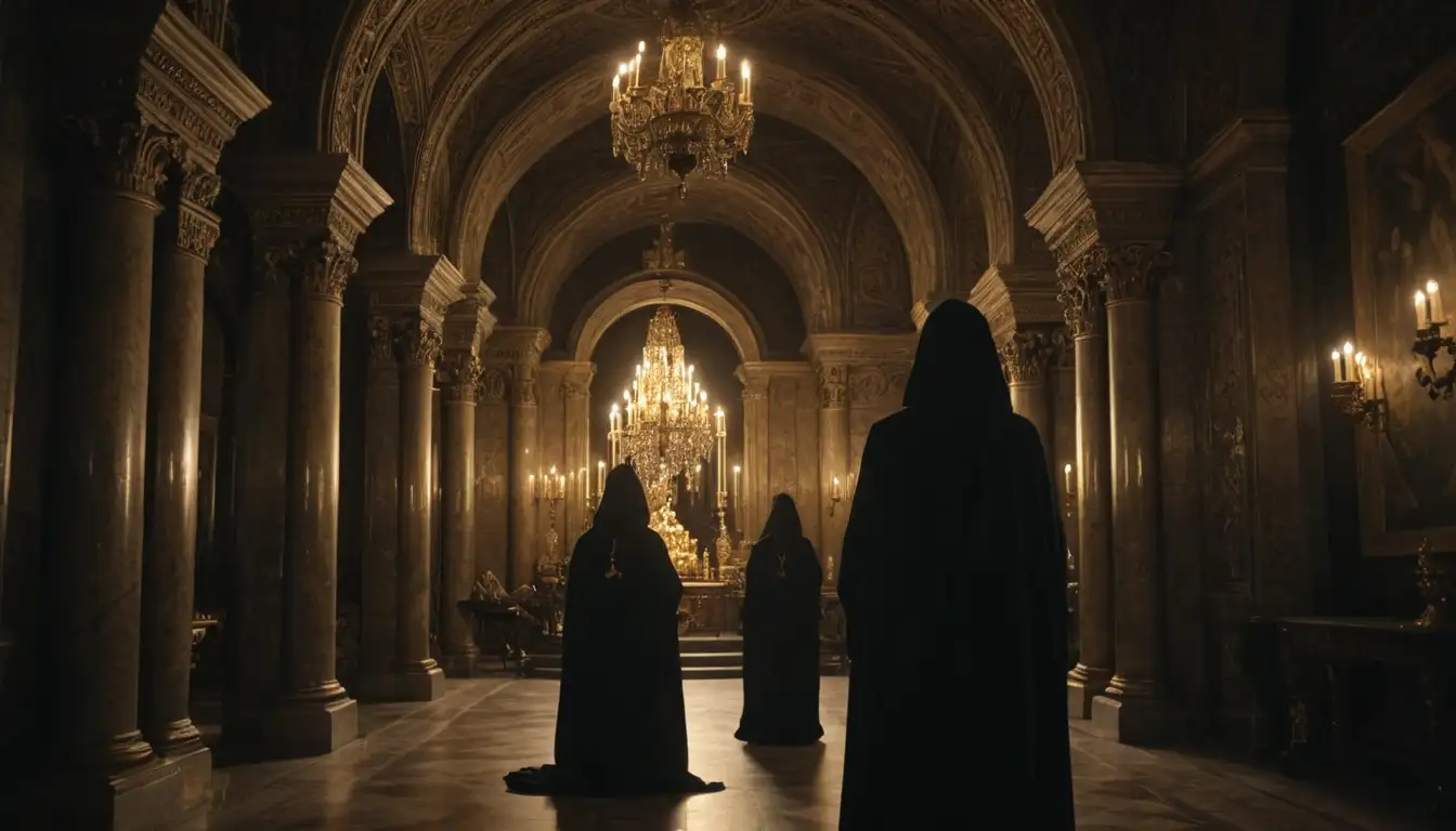 18th-century Spanish architecture, ornate decorations, velvet drapes, golden candelabras, mysterious hooded figures, solemn faces, outstretched hands in prayer, a majestic archway, ornate columns, intricate carvings, a hint of darkness and mystery