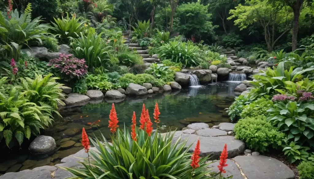 A lush garden scene with diverse plants