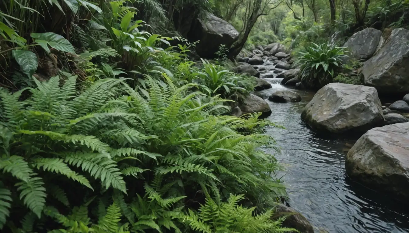 Greenery, botanical illustrations, diverse plants, various colors, textures, shapes, natural backgrounds, maybe water, rocks or trees