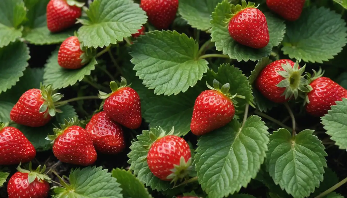 leafy strawberry fruits with leaves growing out of the same fruit, green and red strawberries, leaf tips curled up, fresh green leaves sprouting from the fruits surface, strawberries in various stages of leaf formation