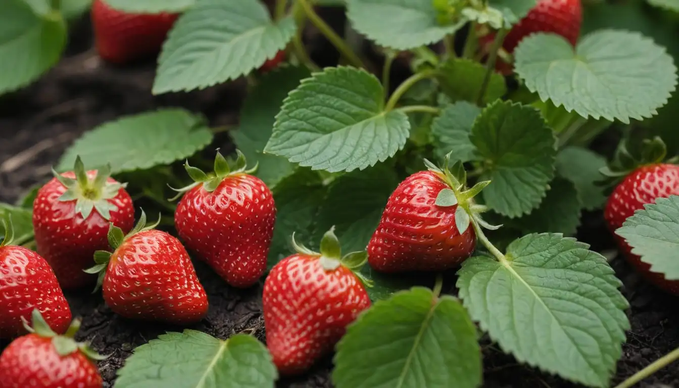 Close-up shot of strawberry leaves curled out from fruit, red strawberries with green leaves intact, single strawberry stem with leaves and fruit in focus, strawberry plant with few ripe fruits and leafless stems, strawberry cluster with some leaves falling off