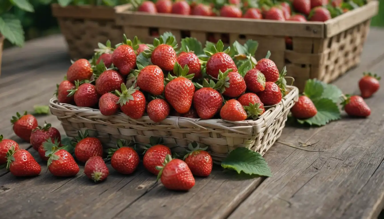 3-5 strawberries with leaves growing out of their stems, some fruits close-up, fruit basket or container partially filled with strawberries, natural background like wooden table, soil, or grass, warm colors