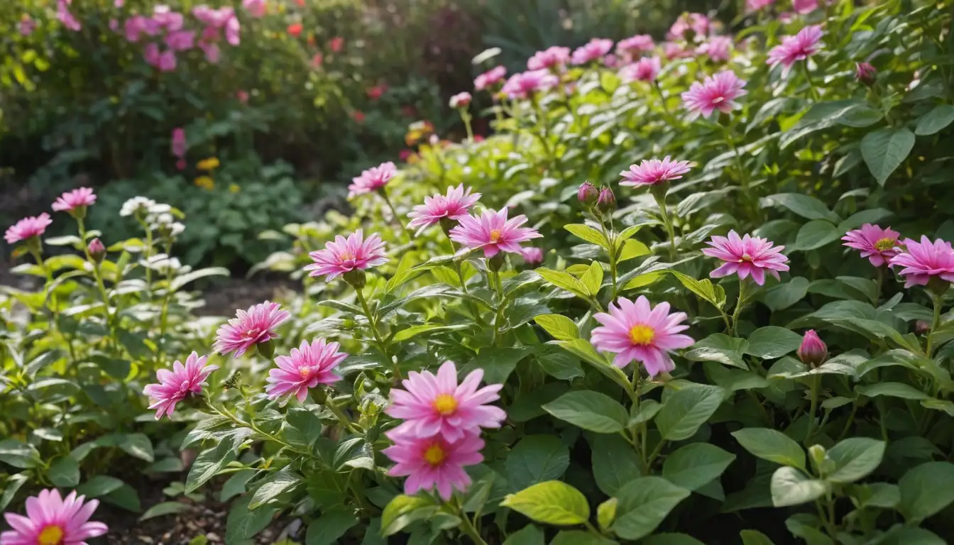 Brightly colored flowers, delicate petals, soft green foliage, garden soil texture, sunlight filtering through leaves, possibly a few insects or bees for pollination, vibrant colors like pink, yellow, and white, no people, no background distractions