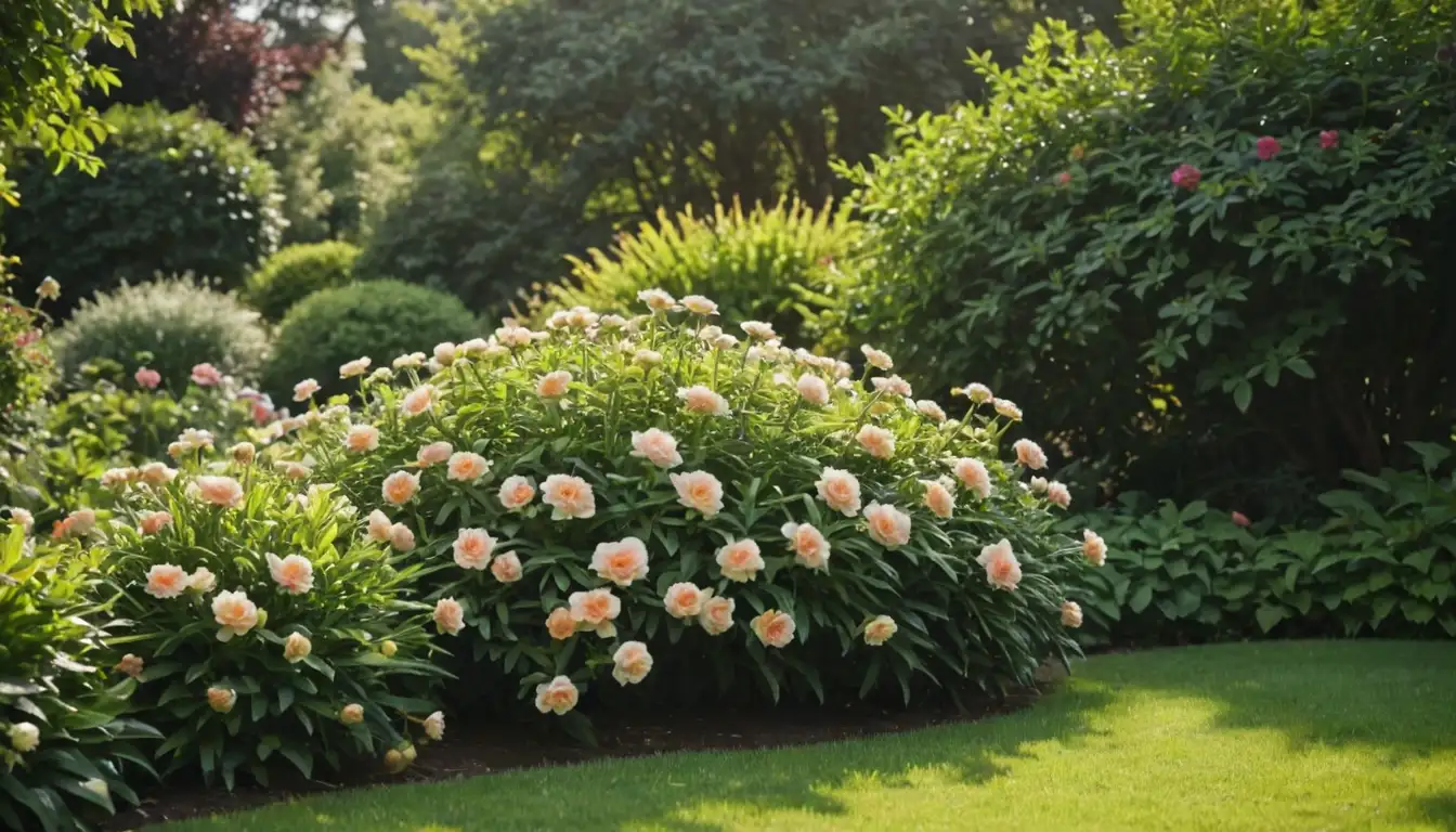 3-5 flowering plants with large, showy blooms, lush green foliage, possibly some pruning tools or gardening accessories, warm sunlight, serene garden background, minimal distractions