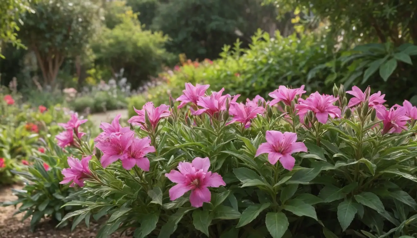 Colorful blooms, lush green leaves, natural setting, garden soil, warm sunlight, gentle breeze, serene atmosphere, Godetia Grandiflora plants in various stages of growth and flowering, subtle shading, vibrant colors, rustic terrain, foliage textures, and soft focus
