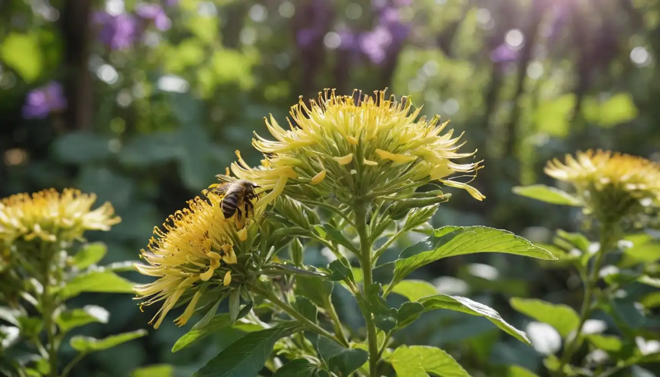 Golden flowers with purple centers, yellow bees busy collecting nectar, sunlight filtering through leaves, soft green foliage, intricate details on petals, delicate stamens, and a blurred background of lush garden surroundings
