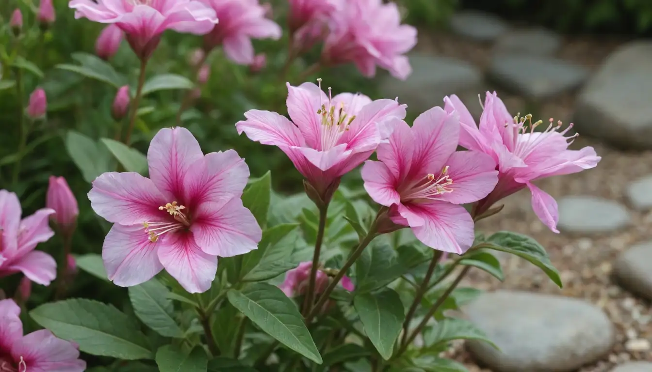 3D rendering of a flowering Godetia plant with large blooms in shades of pink and white against a blurred green background, delicate petals unfurled, stamens visible, leaves curly and textured, garden path or stones faintly in the foreground, soft focus to highlight floral details
