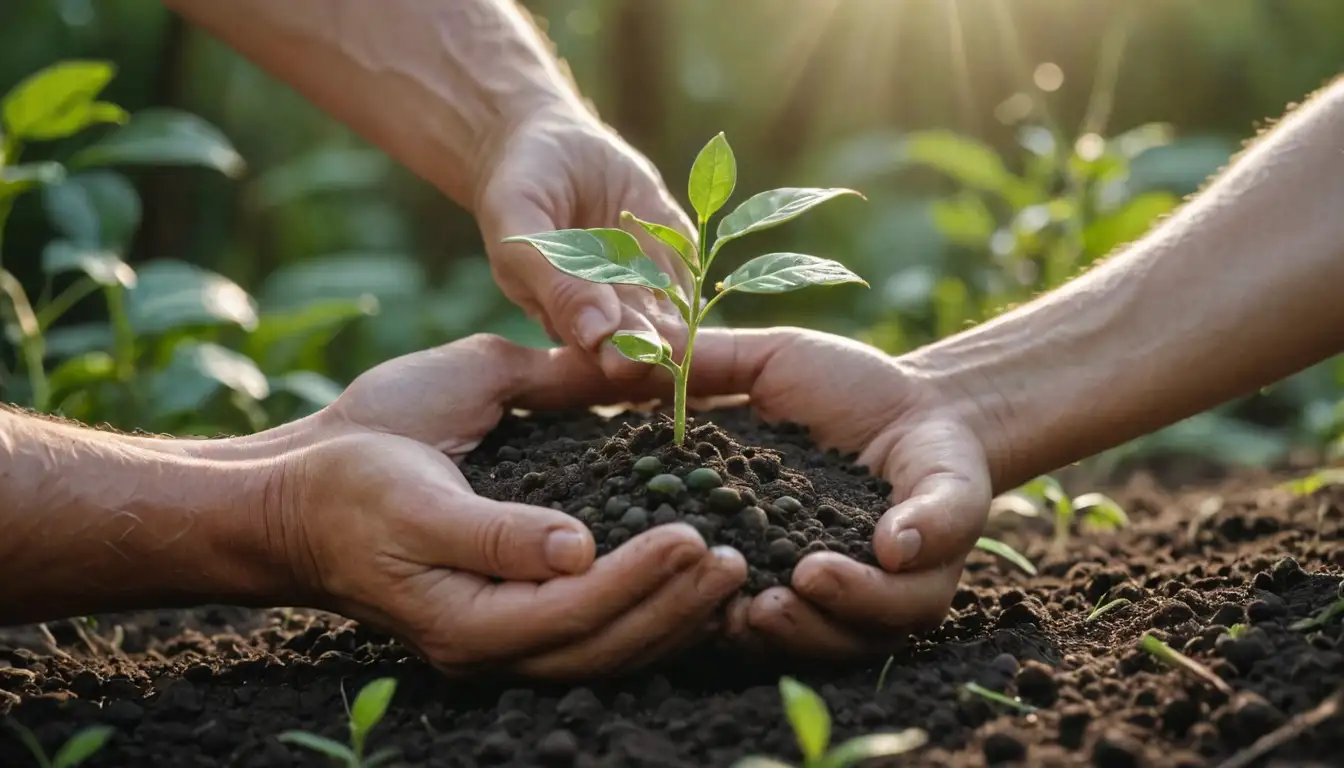 Farmers hands holding a small plant, green soil, sunlight filtering through trees, lush foliage, earthy tones, a few peas sprouting, a rustic garden background, gentle slope, morning dew droplets