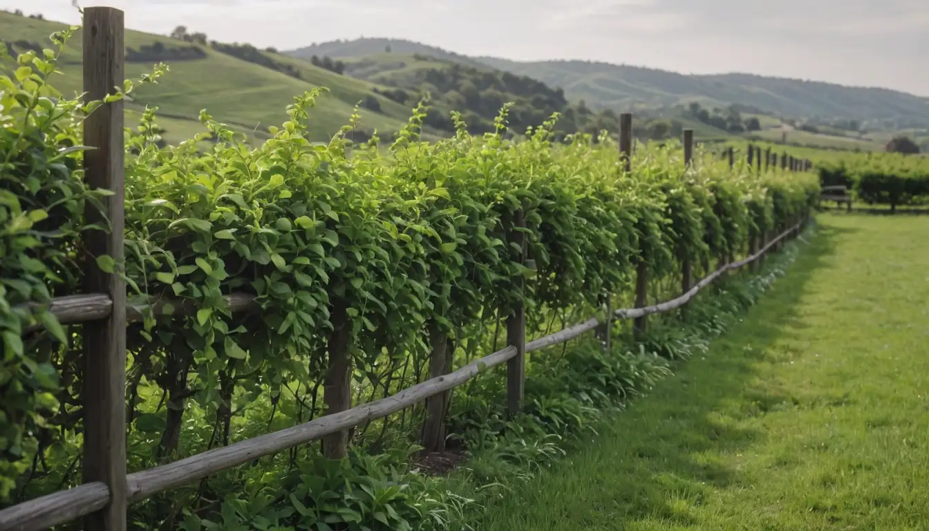 tender pods, verdant leaves, soil moisture, gentle sunlight, farm landscape, rustic fencing, rolling hills, lush vegetation, vines crawling, trellis structure, bushy plants, delicate flowers