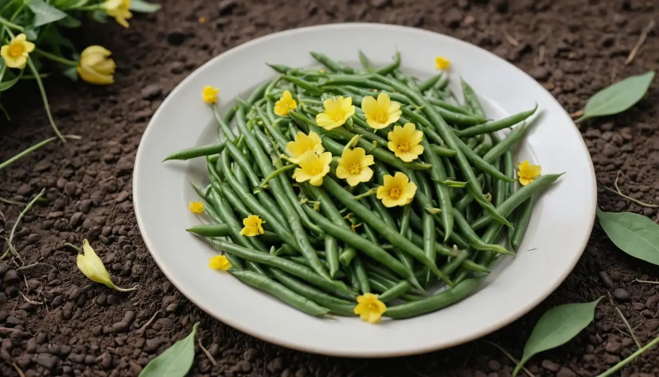 A plate of cooked and fresh green beans with yellow flowers, a few pods hanging from stems in a garden, green bean sprouts growing on soil, or a bundle of freshly picked green beans surrounded by foliage