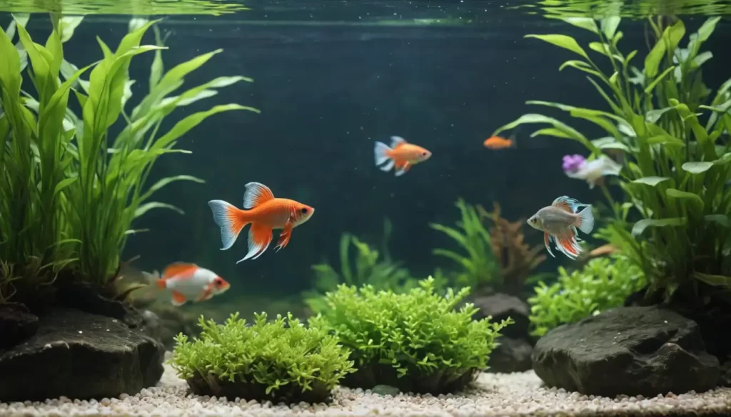 3-5 colorful fish swimming peacefully alongside a betta fish in a well-planted aquarium