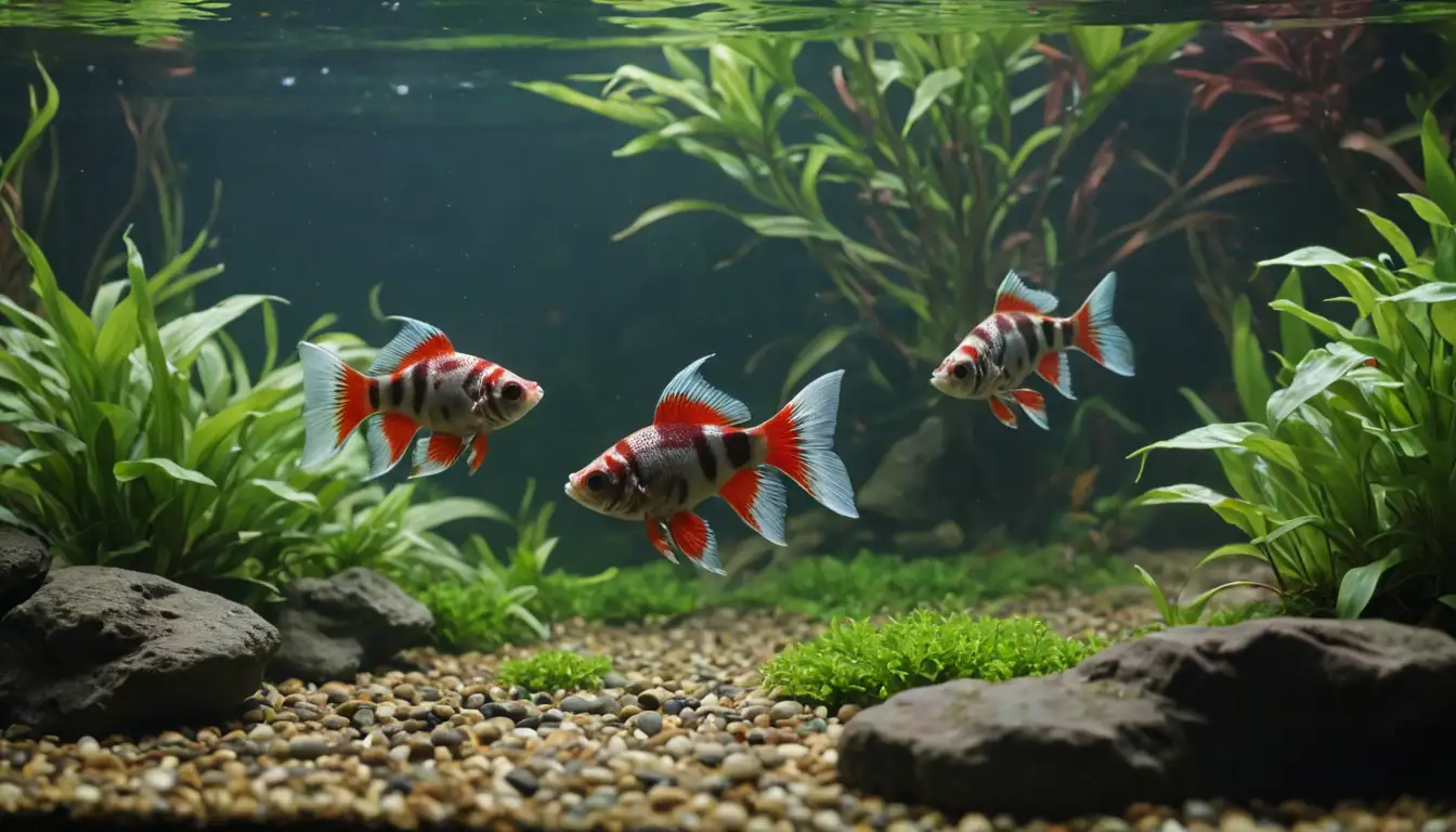 2-3 Harlequin Rasboras swimming amidst lush aquatic plants, a few floating leaves, and gentle water ripples, with a Betta fish visible in the background or partially hidden by some decorative element like rocks or driftwood, in a well-planted aquarium tank with a calm substrate color