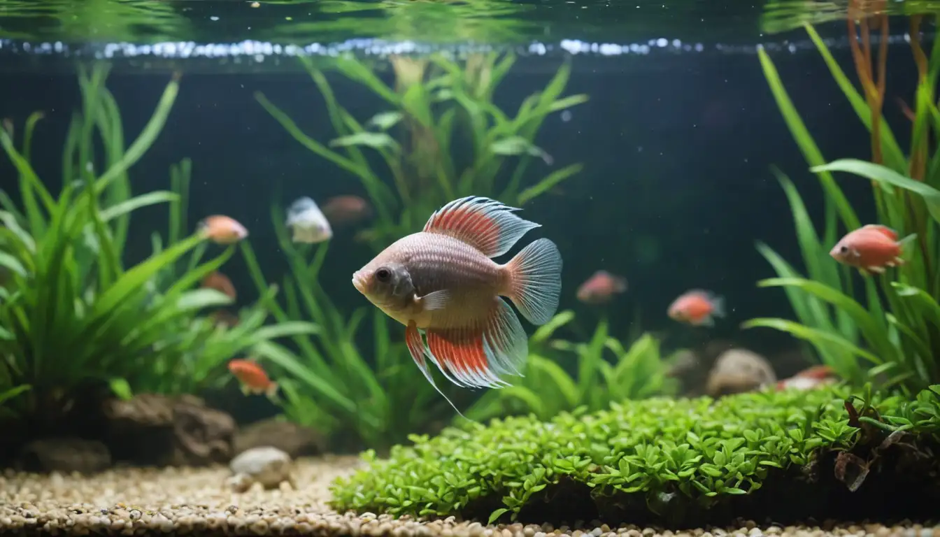 2-3 dwarf gouramis swimming near a betta fish, possibly with some aquatic plants in the background, showcasing peaceful coexistence, calm waters, and harmonious community aquarium scene