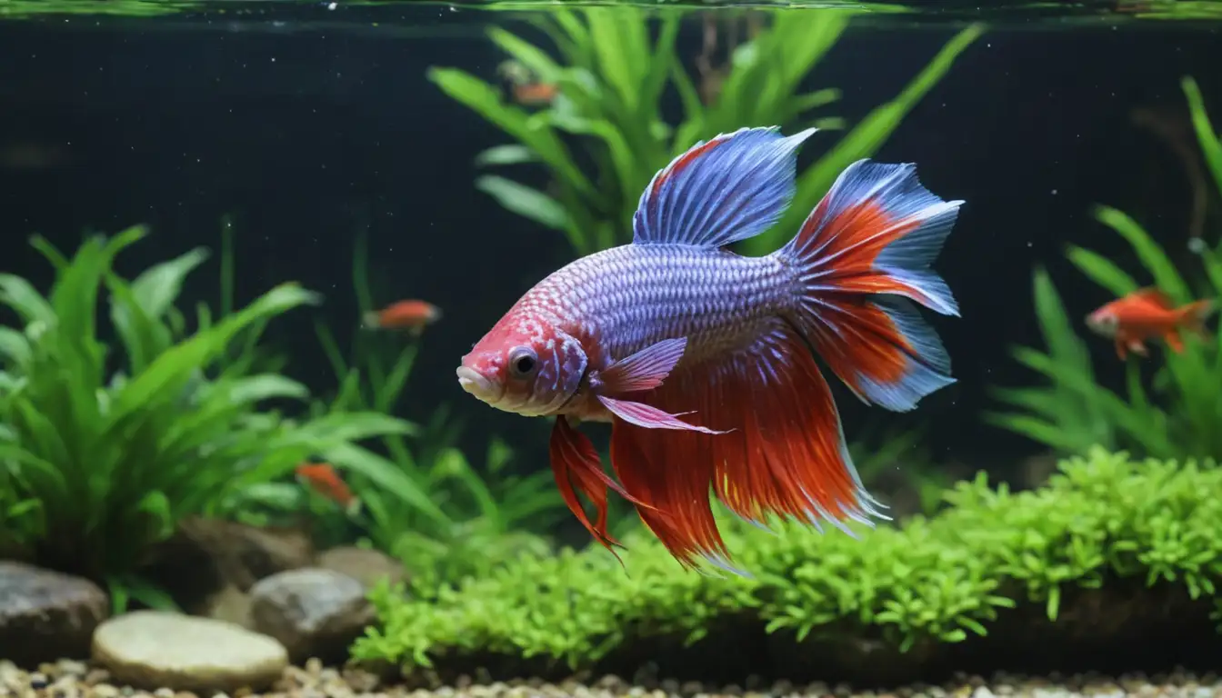 3-5 colorful fish with gentle fins, swimming calmly, no nipping or fin-nipping, peaceful tankmates, compatible betta species, aquatic plants in background