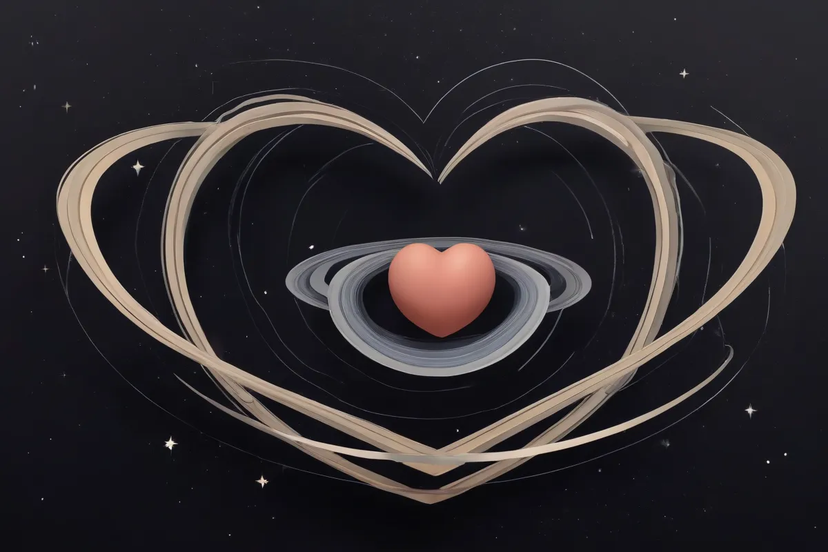 Una ilustración estilizada de anillos de Saturno y un corazón abstracto de plástico rodeado por estrellas