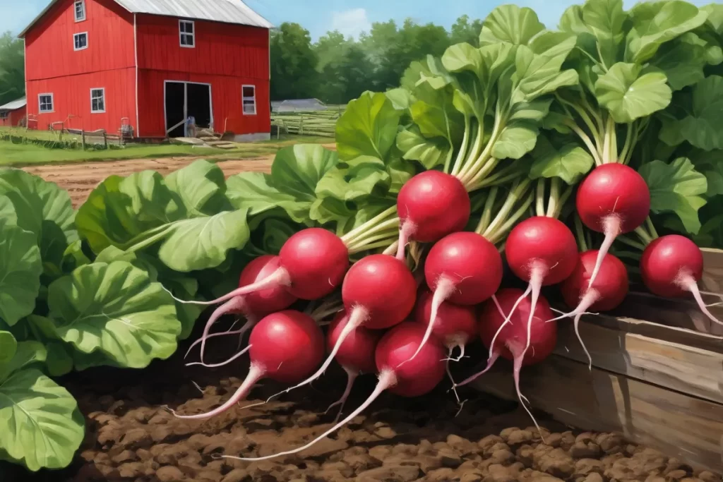 Ilustración de rabrú roja en un campo de huertos. (English Translation: Red radish illustration on farmland scene)