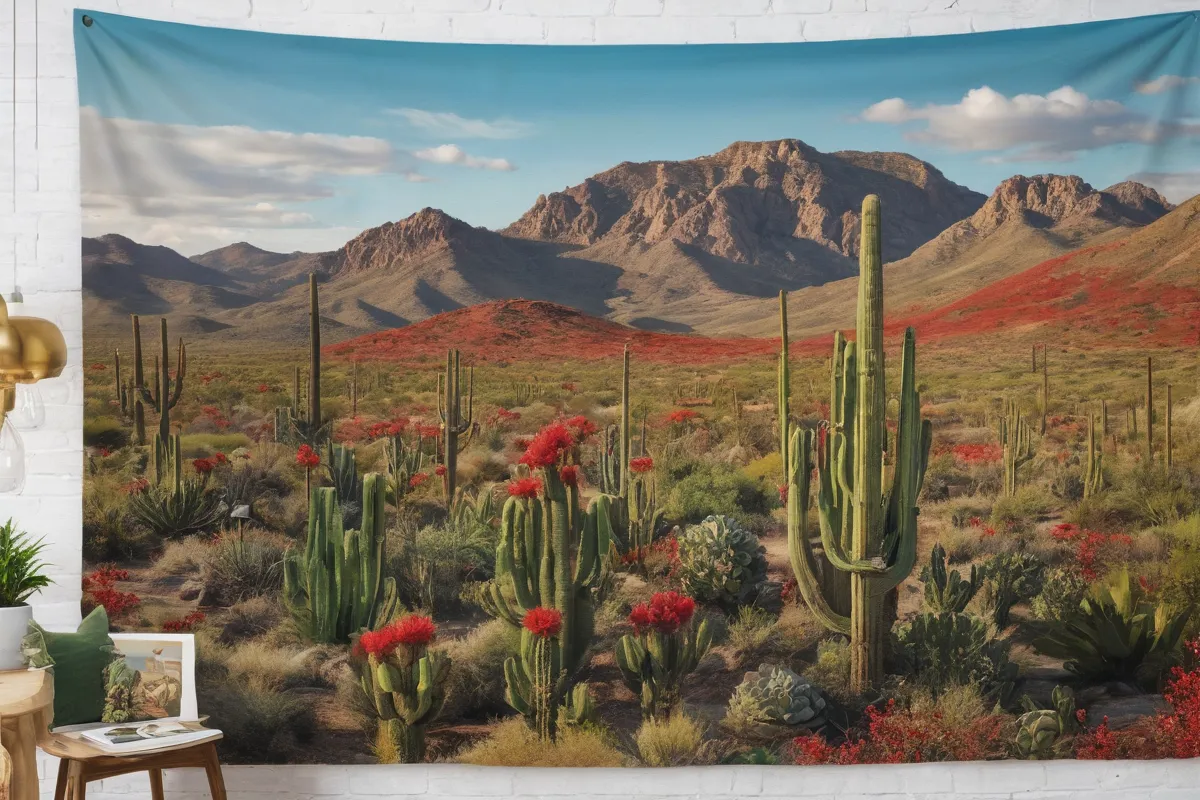 Las cactáceas rojas y verdes dominan la escena, representando al saguaró majestuoso